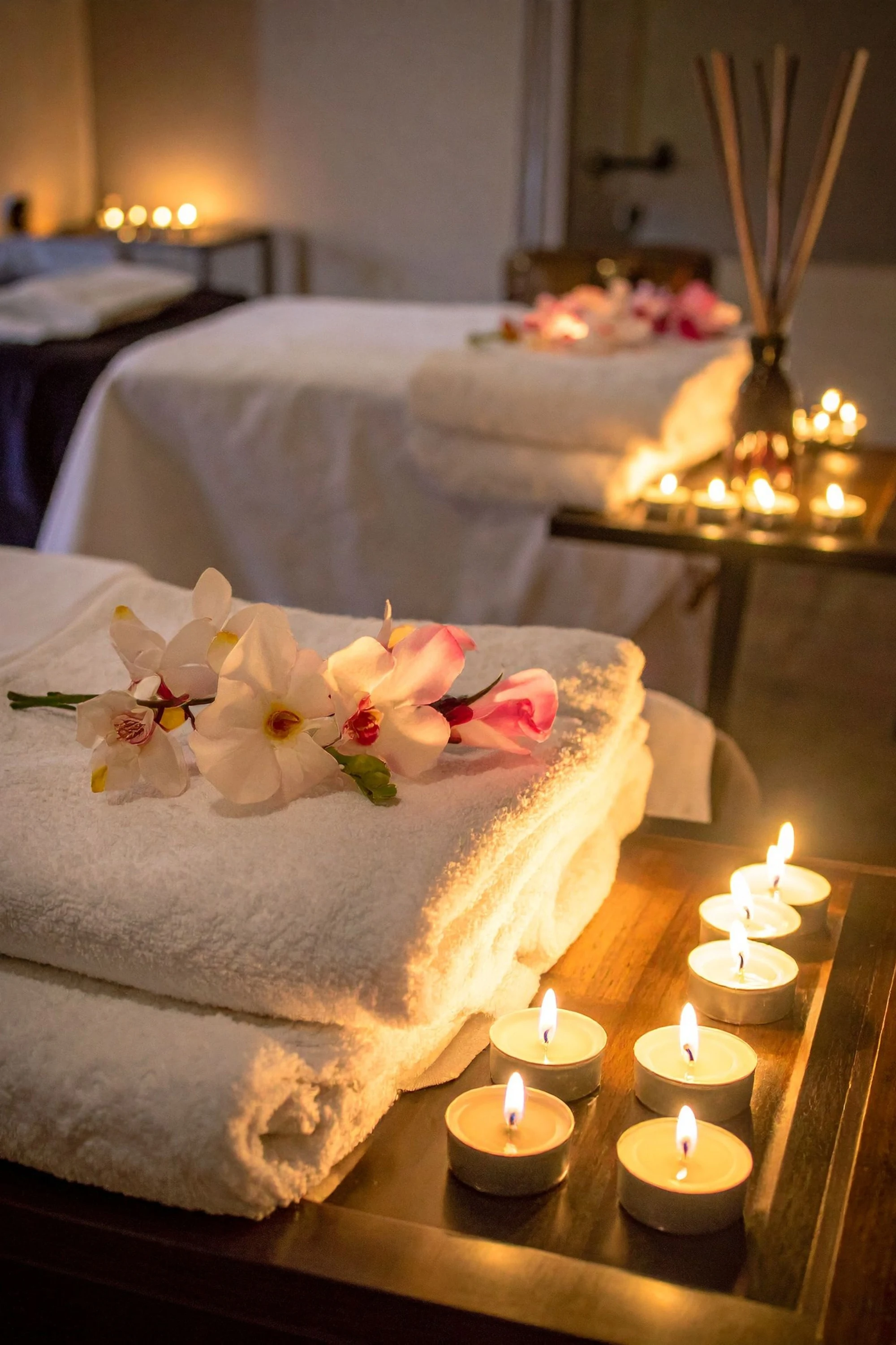 Serene treatment room with gold accents
